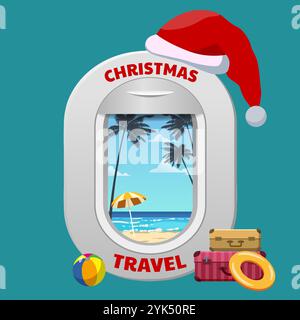 Christmas travel airplane window with Santa Claus Stock Vector
