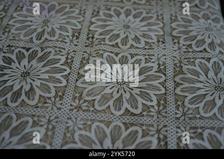 Unusual backgrounds, plastic objects. An old, homemade street oilcloth lies on a stele with an interesting texture and structure. Stock Photo