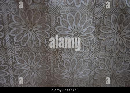 Unusual backgrounds, plastic objects. An old, homemade street oilcloth lies on a stele with an interesting texture and structure. Stock Photo