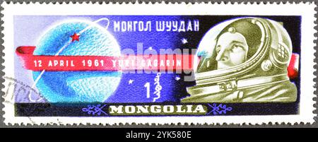 Cancelled postage stamp printed by Mongolia, that shows Yuri Gagarin, First Man in Space, circa 1961. Stock Photo