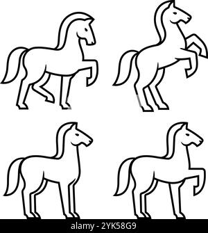 Stylized horse icon set, four horses in different poses. Vector illustration, emblem or logo design element. Stock Vector