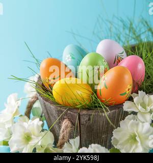 Happy Easter. Colorful Easter eggs and white flower on blue background. Square image Stock Photo