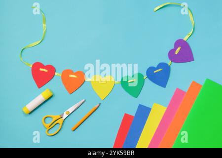 Craft Heart from paper or eva. Spring creative. DIY concept. Easy handmade paper crafts Stock Photo