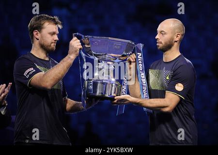 Torino, Italia. 17th Nov, 2024. Germany's Kevin Krawietz, and Tim Puetz&#xa0; celebrates with the trophy after winning the double final tennis match of the ATP World Tour Finals at the Inalpi Arena in Turin, Italy - Sport - Sunday, November 17, 2024. (Photo by Marco Alpozzi/Lapresse) Credit: LaPresse/Alamy Live News Stock Photo