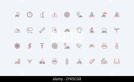 Bicycle and bike parts, tools of repair and maintenance service, cycling and gears of cyclist line icon set. Handlebar and chain, brake and pump thin black and red outline symbols vector illustration Stock Vector