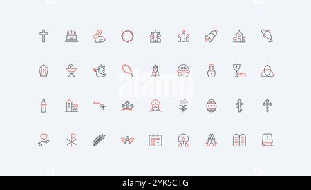 Christian religion, church and chapel, Bible and cross, Easter line icon set. Faith of prayer and missionary, cemetery and gospel thin black and red religious outline symbols vector illustration Stock Vector