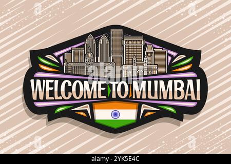 Vector logo for Mumbai, black decorative tag with line illustration of urban asian mumbai city scape on nighttime sky background, art design horizonta Stock Vector