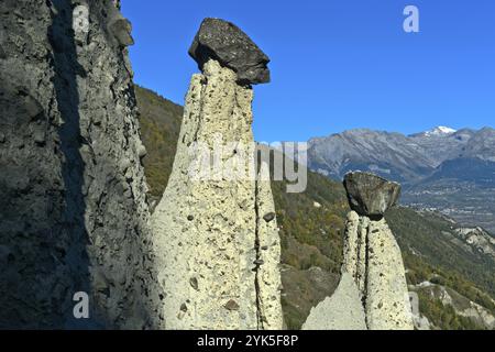 Earth pyramids of Euseigne with cairn, Heremence, Herens Valley, Val d'Herens, Valais, Switzerland, Europe Stock Photo