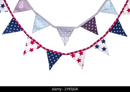 Party triangle bunting flags hanging on the rope. Isolated on white background Stock Photo