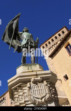 Juan Bravo Statue and Lozoya Tower, Torreon de Lozoya, Medina del Campo Square, Segovia, UNESCO World Heritage Site, Castilla y Leon, Spain, Europe Stock Photo