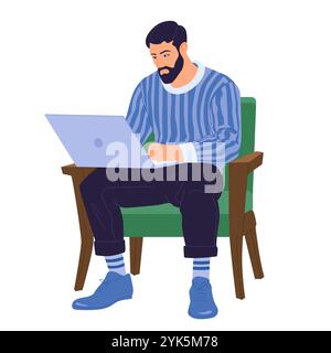 Vector illustration of a man working on a laptop, symbolizing remote work, digital productivity, and online professional activities. Stock Vector