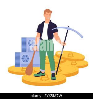 Cryptocurrency mining, blockchain, investment in bitcoin digital farm, cryptography. Young tiny man miner standing with axe on gold crypto currency coins to mine tokens cartoon vector illustration Stock Vector