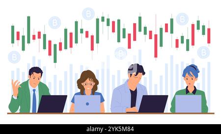 Happy and sad bitcoin investor, lose or win in cryptocurrency market. Characters sitting at laptop with candle bar chart down and up, bad or good graph news for traders cartoon vector illustration Stock Vector