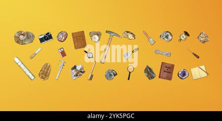 Topview of Set Fieldwork Geology Tools on Yellow Background Stock Photo