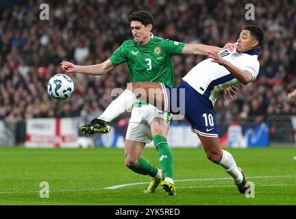 Republic of Ireland's Callum O'Dowda (left) and England's Jude Bellingham battle for the ball during the UEFA Nations League Group B2 match at Wembley Stadium, London. Picture date: Sunday November 17, 2024. Stock Photo