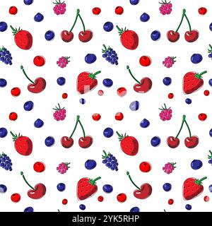 Berries. Endless doodle pattern. Seamless ornament, strawberry, cranberry, blackberry, cherry, raspberry, blueberry. Stock Vector