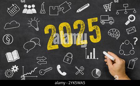 2025 written on a blackboard with icons Stock Photo