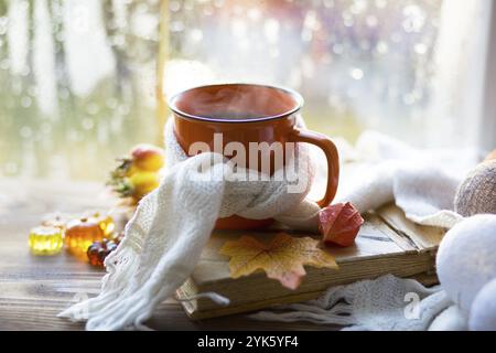 An orange mug in a scarf with hot tea, pumpkins, yellow dry maple leaves, a book on the windowsill, raindrops on the window, autumn mood Stock Photo