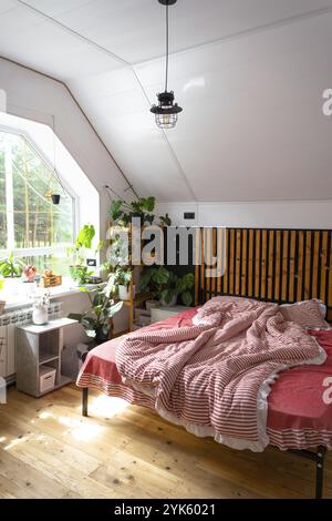 Unmade bed with red striped linen and a mess in Loft style bedroom interior, black wall with wooden slats, metal bed, potted plants on a trapezoidal w Stock Photo