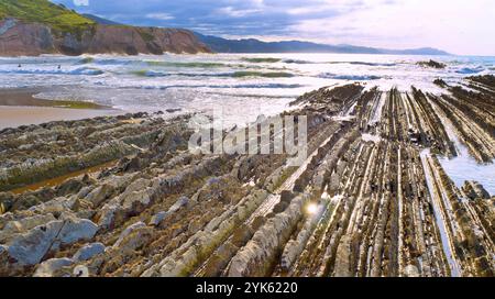 Steeply-tilted Layers of Flysch, Basque Coast Geopark, Basque Coast UNESCO Global Geopark, European Geopark Network, Zumaia, Guipuzcoa, Basque Countr Stock Photo