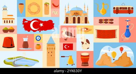 Travel to Turkey, geometric infographic banner design with Turkish culture, landmarks and food. Map with country flag, delight lokum and coffee cezve, Bosphorus bridge cartoon vector illustration Stock Vector