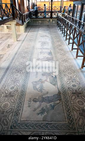 House of Dionysos, Paphos: Room 16 four panel mosaic consisting of Pyramos & Thisbe, Dionysos, Acme & Icarios, Poseidon & Amymone and Apollo & Daphne. Stock Photo