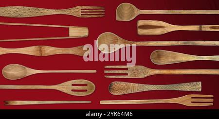 Topview of Set Cooking Wooden Utensils on Red Background Stock Photo