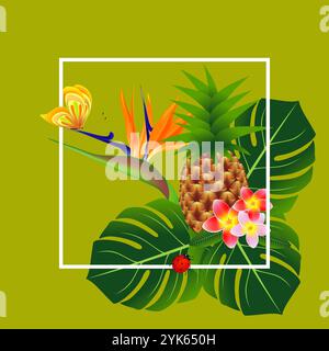 Summer banner, tropical flowers and leaves. Stock Vector