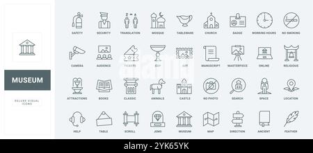 Classic pillar, sculpture and painting, book and jewel, museum staff badge thin black outline symbols vector illustration. Museum ancient exhibit and service for tourist visit line icons set. Stock Vector