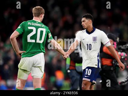 England's Jude Bellingham and Republic of Ireland's Mark McGuinness shake hands at the final whistle after the UEFA Nations League Group B2 match at Wembley Stadium, London. Picture date: Sunday November 17, 2024. Stock Photo