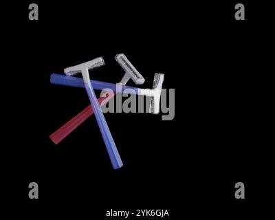 Razors for removing body hair isolated on black background with copy space. Stock Photo