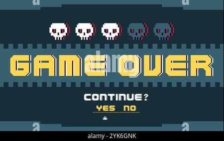 Retro video gaming screen. Pixel art 8 bit design. Retro arcade style. Human skulls. Inscription game over. Character death. Pause panel UI. Old GUI b Stock Vector