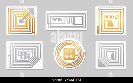 RFID tags. Golden and silver radio frequency identification stickers. Wireless technology. Privacy or protection chips. Control tracking. Identify mic Stock Vector