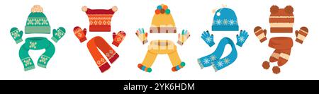 Knitted sets with mittens. Warm kids clothes and accessories. Woolen hats and scarves. Cold season. Winter clothing. Autumn wears. Gloves pairs. Cozy Stock Vector