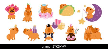 Cute capybaras. Cartoon exotic animal characters. Large rodents with baby. Funny jungle inhabitants. Wild nature creature. Happy rat with cake and gif Stock Vector