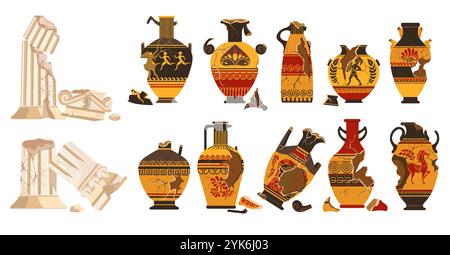 Cracked ancient Greek vases. Broken pottery. Marble columns with fissures. Historical crockery. Antique ceramics. Traditional clay amphorae. Doric pil Stock Vector