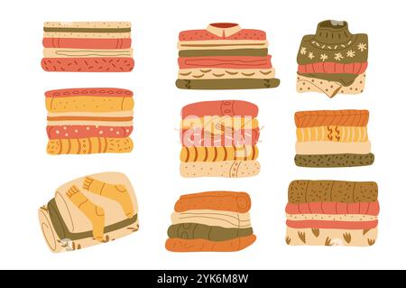 Clean stack of warm home textile and clothes set. Folded apparel collection. Vector flat illustration isolated on white background. Stock Vector