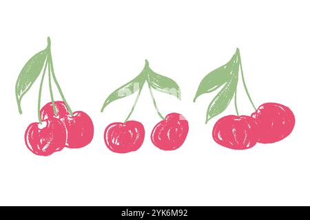 Cherry berries crayon set. Branches of red fruits coquette style. Vector illustration isolate on white background. Stock Vector