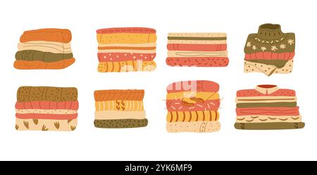 Folded sweaters and jumpers pile set. Stack of clothes. Warm knitted cardigans and cold weather apparel. Vector flat illustration isolated on white ba Stock Vector