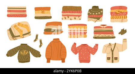 Sweaters and jumpers set. Stack of clothes. Warm knitted cardigans and pile of winter and fall apparel. Vector flat illustration isolated on white bac Stock Vector