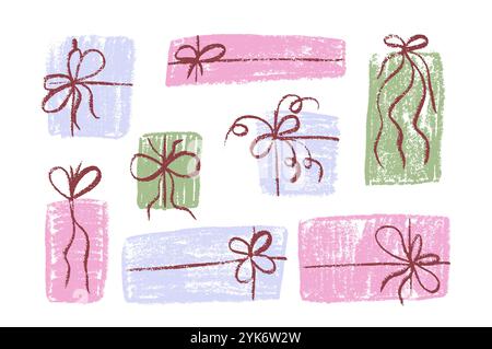 Crayon rectangle gift box. Present packaging with ribbon bows. Collection of festive elements in scribble style. Doodle prize symbol. Vector illustration isolated on white background. Stock Vector