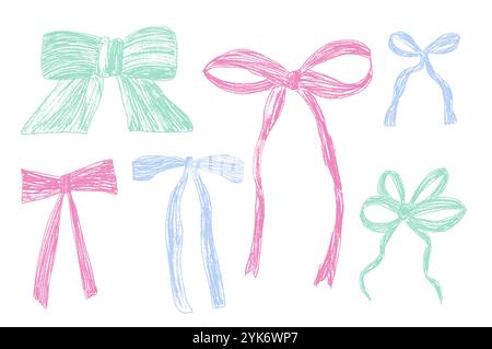 Crayon bow. Coquette scribbles ribbons collection for gift decoration. Preppy pastel colors bowknots. Textured vector illustration pack isolated on white background. Stock Vector