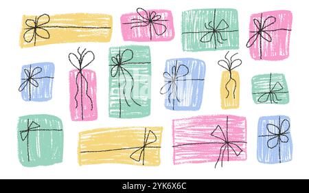 Crayon gift box set. Holiday present in pastel preppy color wrap paper with simple ribbon decoration. Scribble naive style festive elements. Vector illustration on white background. Stock Vector