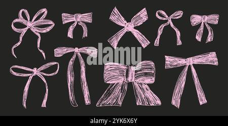 Crayon coquette bows. Chalk drawing ribbons set. Vector illustration isolated on white background. Stock Vector