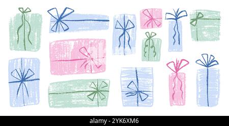 Crayon square and rectangle gift box set. Present packaging with ribbon bows. Collection of festive elements in doodle scribble style. Preppy prize symbol. Vector illustration on white background. Stock Vector