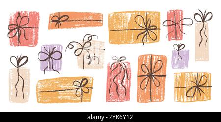 Crayon gift box set. Holiday present in pastel preppy color wrap paper with simple ribbon decoration. Scribble naive style festive elements. Vector illustration on white background. Stock Vector