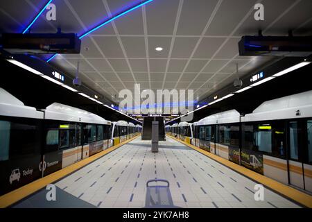 Two light rail L.A. Metro trains in the empty Mariachi Plaza subway station on the E line on opening day Stock Photo