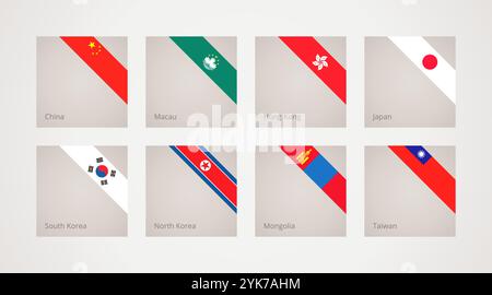 Corner slanted ribbon flags of China, Hong Kong, Macau, Japan, South Korea, Mongolia, North Korea and Taiwan Stock Vector