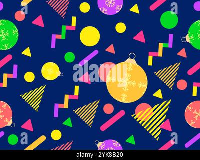 Geometric seamless pattern with Christmas balls. Christmas decorations and geometric shapes in 80's memphis style. Design of wallpapers, wrappers, cov Stock Vector