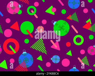 Geometric seamless pattern with Christmas balls. Christmas decorations and geometric shapes in 80's memphis style. Design of wallpapers, wrappers, cov Stock Vector